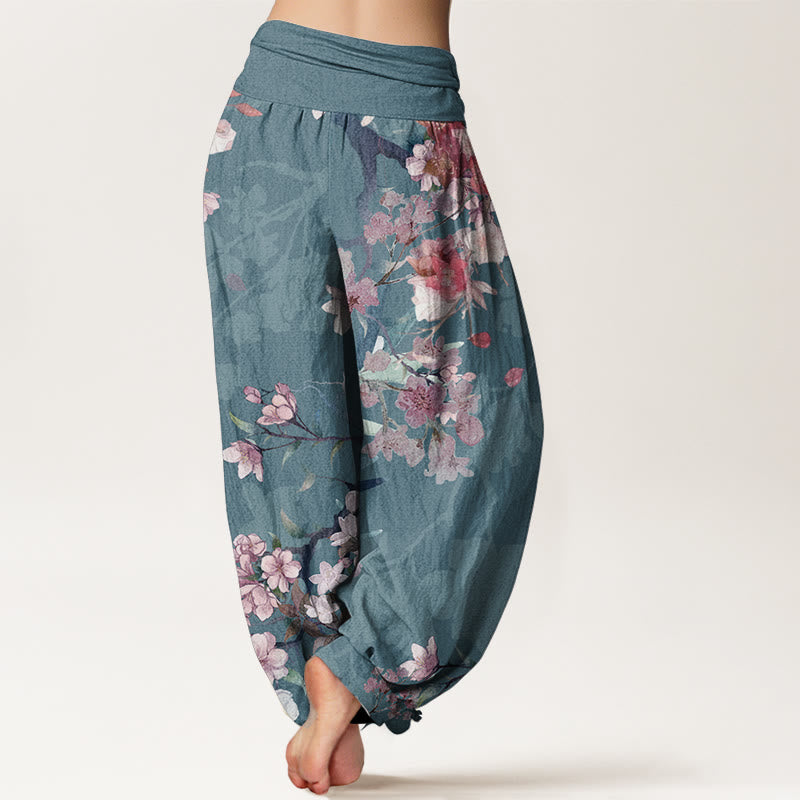 Buddha Stones Pure Cotton Red Pink Blooming Flowers Lush Branches Women's Elastic Waist Harem Pants
