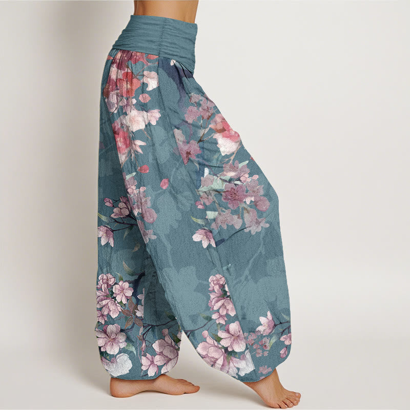 Buddha Stones Pure Cotton Red Pink Blooming Flowers Lush Branches Women's Elastic Waist Harem Pants