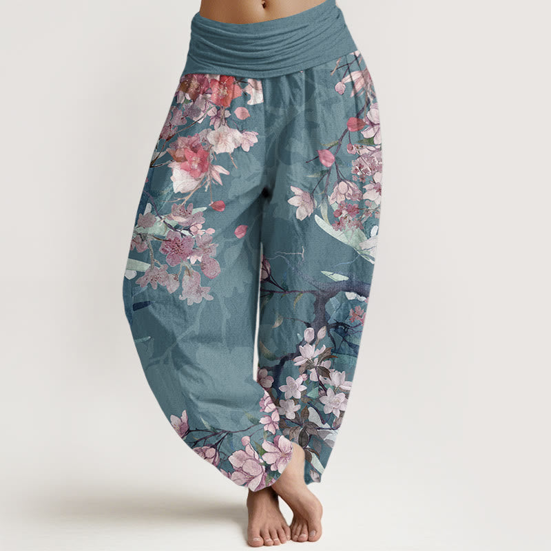 Buddha Stones Pure Cotton Red Pink Blooming Flowers Lush Branches Women's Elastic Waist Harem Pants