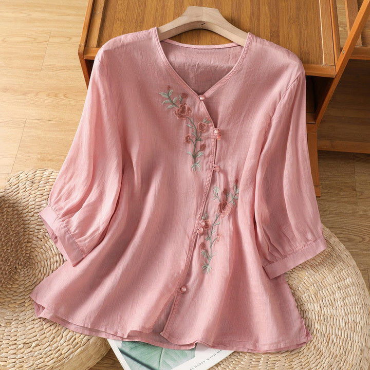 Buddha Stones Embroidered Flowers Women's V-neck Shirt - LightPink - US12，UK/AU16，EU44 (2XL) - image 13