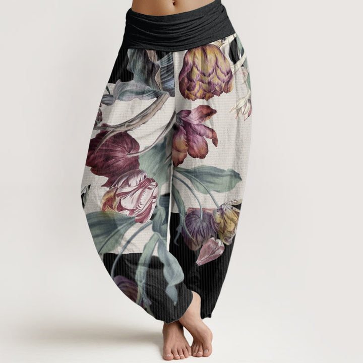 Buddha Stones Pure Cotton Tulips Green Leaves Design Women's Elastic Waist Harem Pants