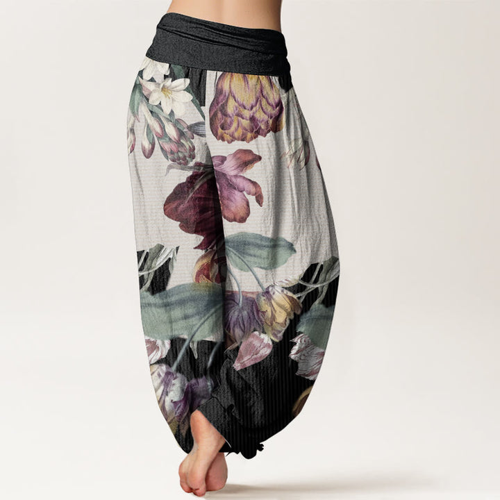 Buddha Stones Pure Cotton Tulips Green Leaves Design Women's Elastic Waist Harem Pants
