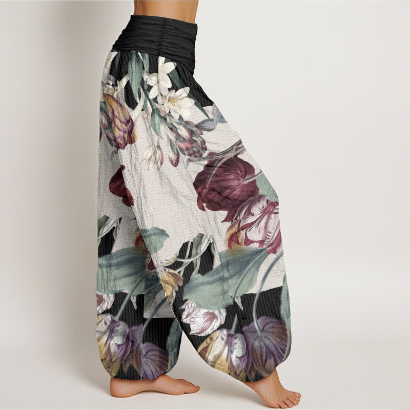 Buddha Stones Pure Cotton Tulips Green Leaves Design Women's Elastic Waist Harem Pants