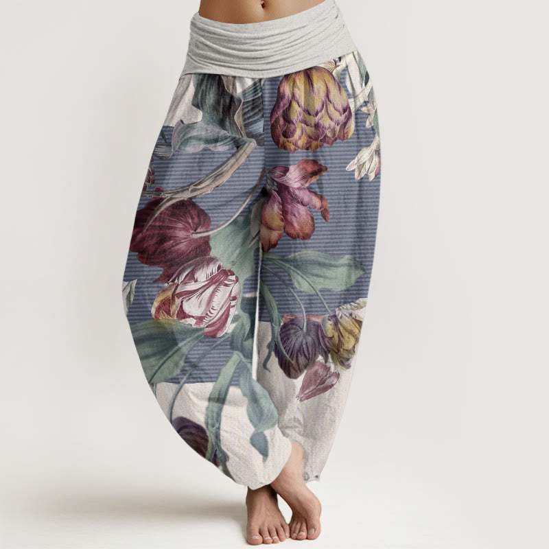 Buddha Stones Pure Cotton Tulips Green Leaves Design Women's Elastic Waist Harem Pants