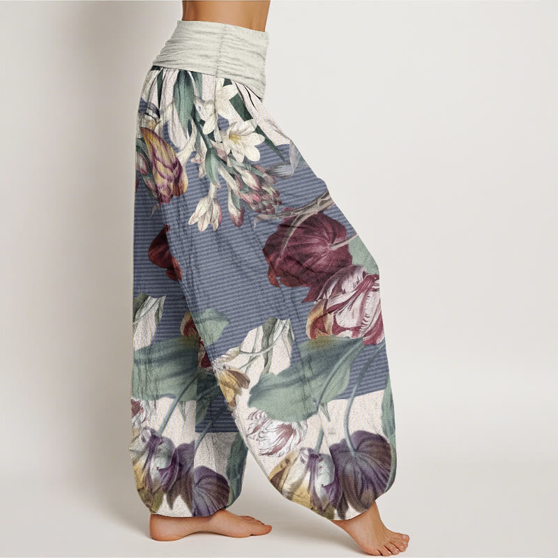 Buddha Stones Pure Cotton Tulips Green Leaves Design Women's Elastic Waist Harem Pants