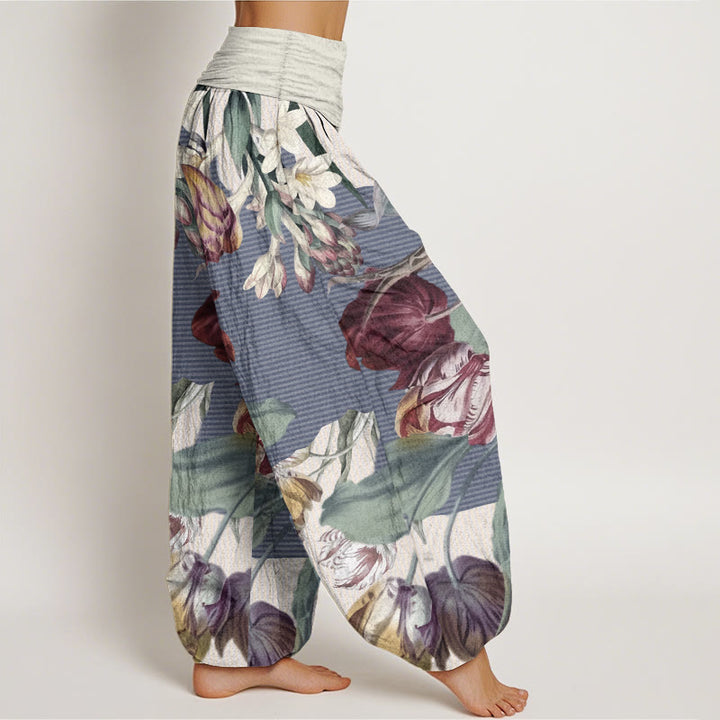 Buddha Stones Pure Cotton Tulips Green Leaves Design Women's Elastic Waist Harem Pants