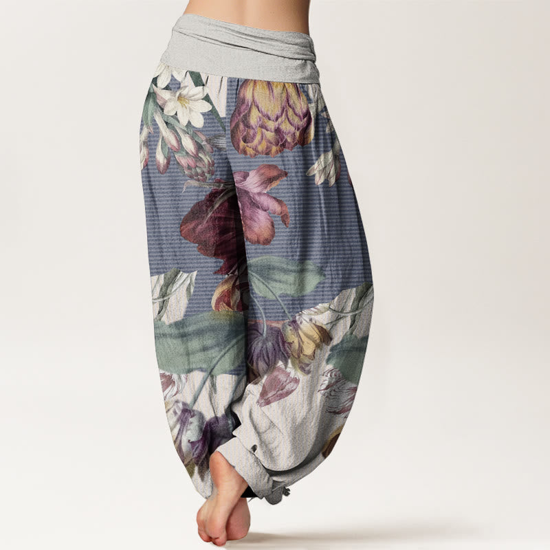 Buddha Stones Pure Cotton Tulips Green Leaves Design Women's Elastic Waist Harem Pants