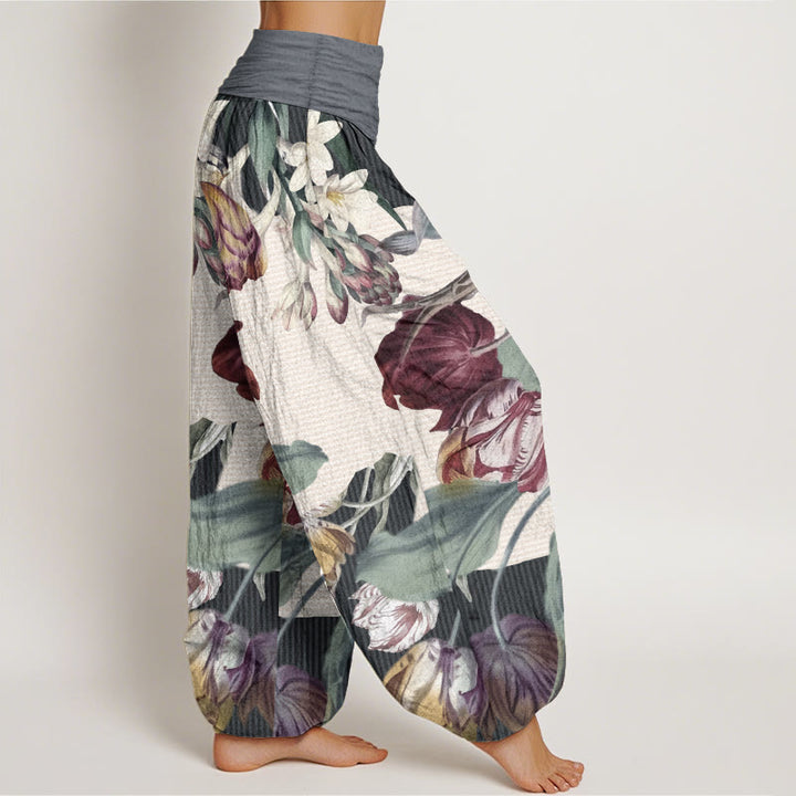 Buddha Stones Pure Cotton Tulips Green Leaves Design Women's Elastic Waist Harem Pants