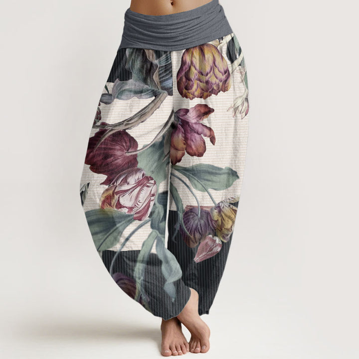 Buddha Stones Pure Cotton Tulips Green Leaves Design Women's Elastic Waist Harem Pants
