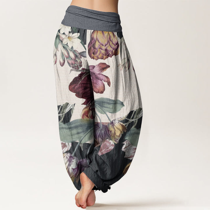 Buddha Stones Pure Cotton Tulips Green Leaves Design Women's Elastic Waist Harem Pants