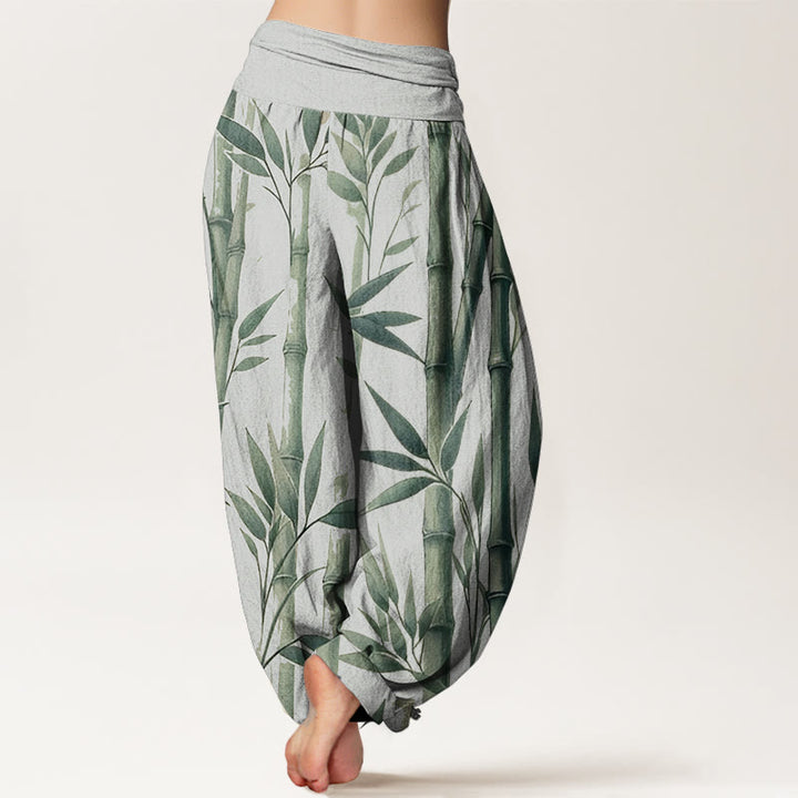 Buddha Stones Pure Cotton Casual Bamboo Leaves Pattern Women's Elastic Waist Harem Pants