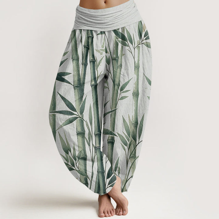 Buddha Stones Pure Cotton Casual Bamboo Leaves Pattern Women's Elastic Waist Harem Pants