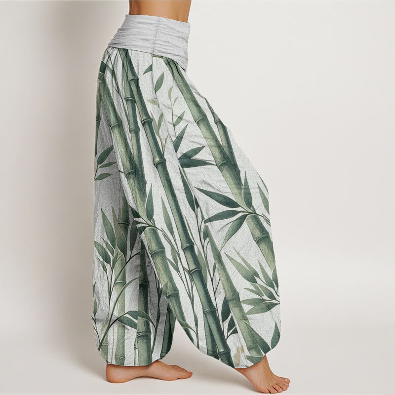 Buddha Stones Pure Cotton Casual Bamboo Leaves Pattern Women's Elastic Waist Harem Pants