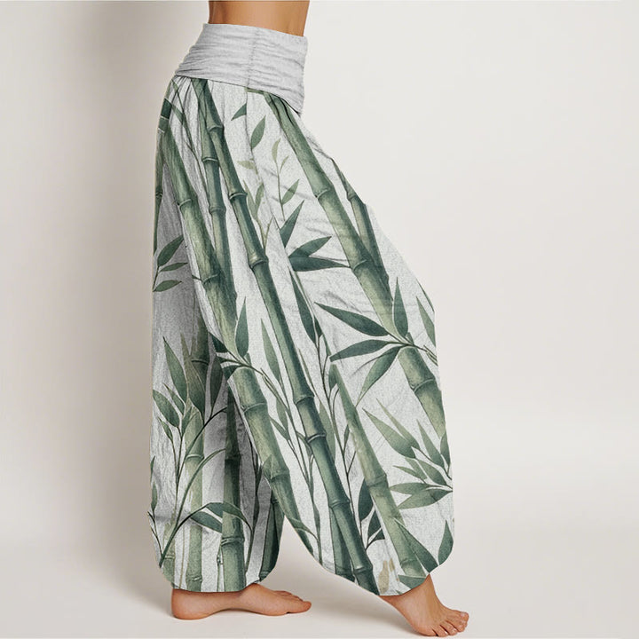 Buddha Stones Pure Cotton Casual Bamboo Leaves Pattern Women's Elastic Waist Harem Pants