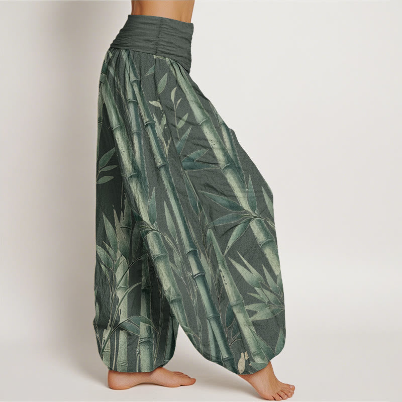 Buddha Stones Pure Cotton Casual Bamboo Leaves Pattern Women's Elastic Waist Harem Pants