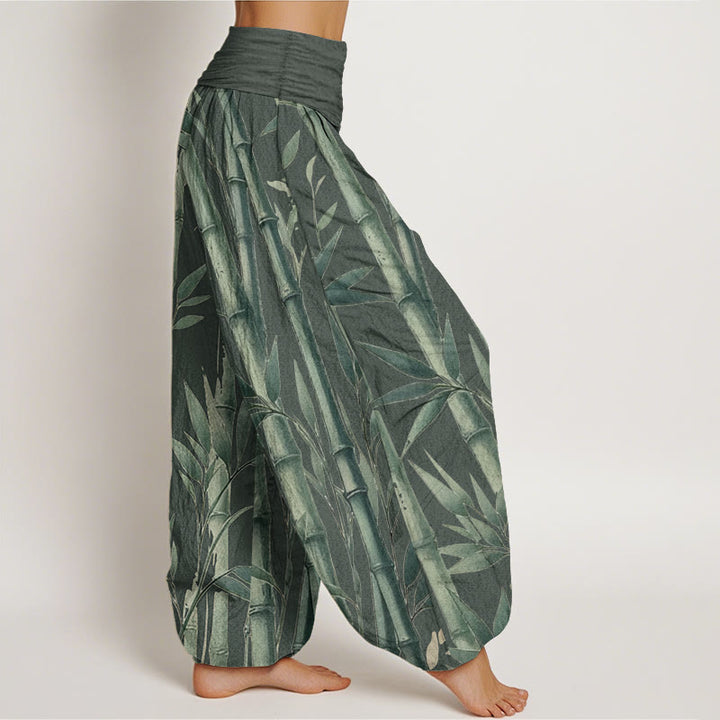 Buddha Stones Pure Cotton Casual Bamboo Leaves Pattern Women's Elastic Waist Harem Pants