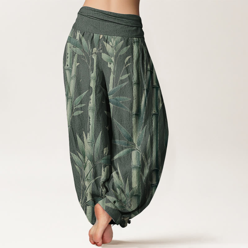 Buddha Stones Pure Cotton Casual Bamboo Leaves Pattern Women's Elastic Waist Harem Pants