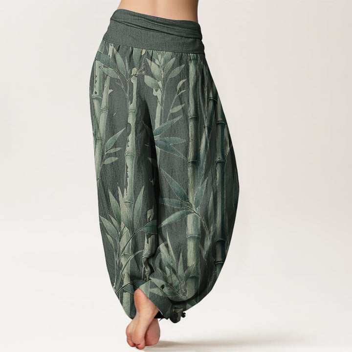 Buddha Stones Pure Cotton Casual Bamboo Leaves Pattern Women's Elastic Waist Harem Pants