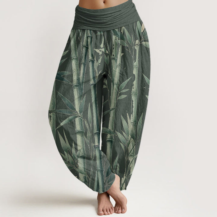 Buddha Stones Pure Cotton Casual Bamboo Leaves Pattern Women's Elastic Waist Harem Pants