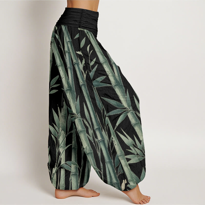 Buddha Stones Pure Cotton Casual Bamboo Leaves Pattern Women's Elastic Waist Harem Pants
