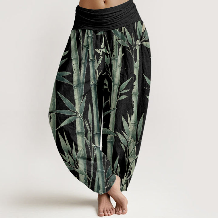 Buddha Stones Pure Cotton Casual Bamboo Leaves Pattern Women's Elastic Waist Harem Pants