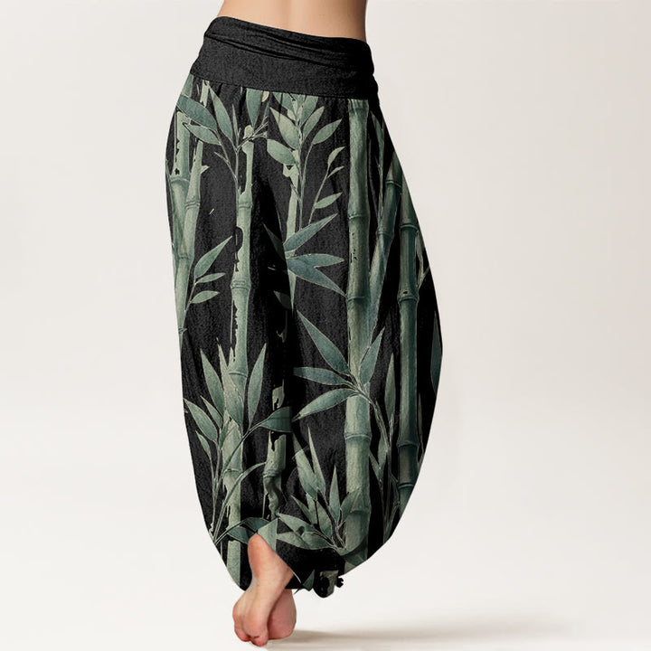 Buddha Stones Pure Cotton Casual Bamboo Leaves Pattern Women's Elastic Waist Harem Pants