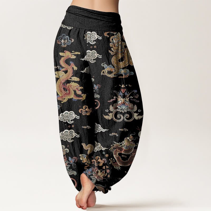 Buddha Stones Pure Cotton Golden Dragons Auspicious Clouds Design Women's Elastic Waist Harem Pants