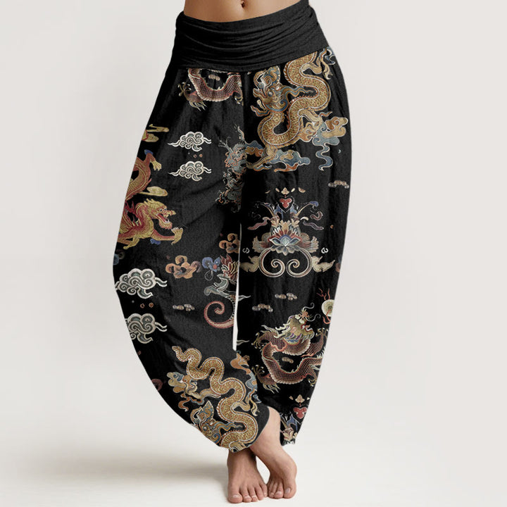 Buddha Stones Pure Cotton Golden Dragons Auspicious Clouds Design Women's Elastic Waist Harem Pants