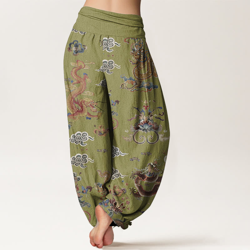 Buddha Stones Pure Cotton Golden Dragons Auspicious Clouds Design Women's Elastic Waist Harem Pants