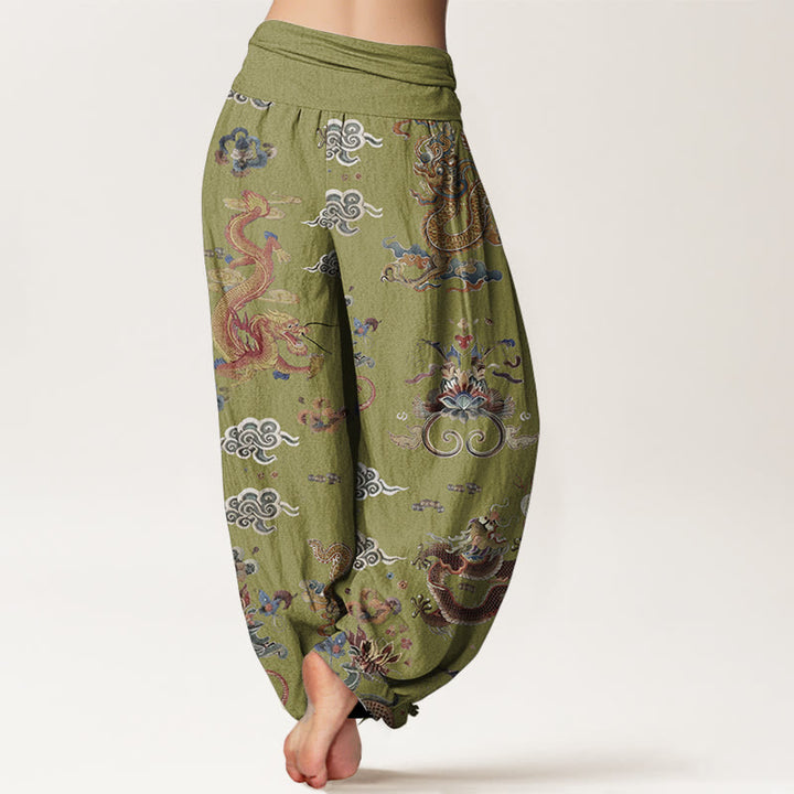 Buddha Stones Pure Cotton Golden Dragons Auspicious Clouds Design Women's Elastic Waist Harem Pants