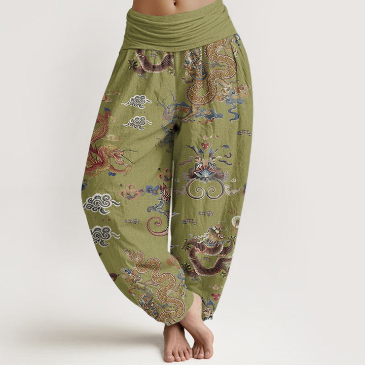Buddha Stones Pure Cotton Golden Dragons Auspicious Clouds Design Women's Elastic Waist Harem Pants - YellowGreen - US22，UK/AU26，EU54 (6XL) - image 9