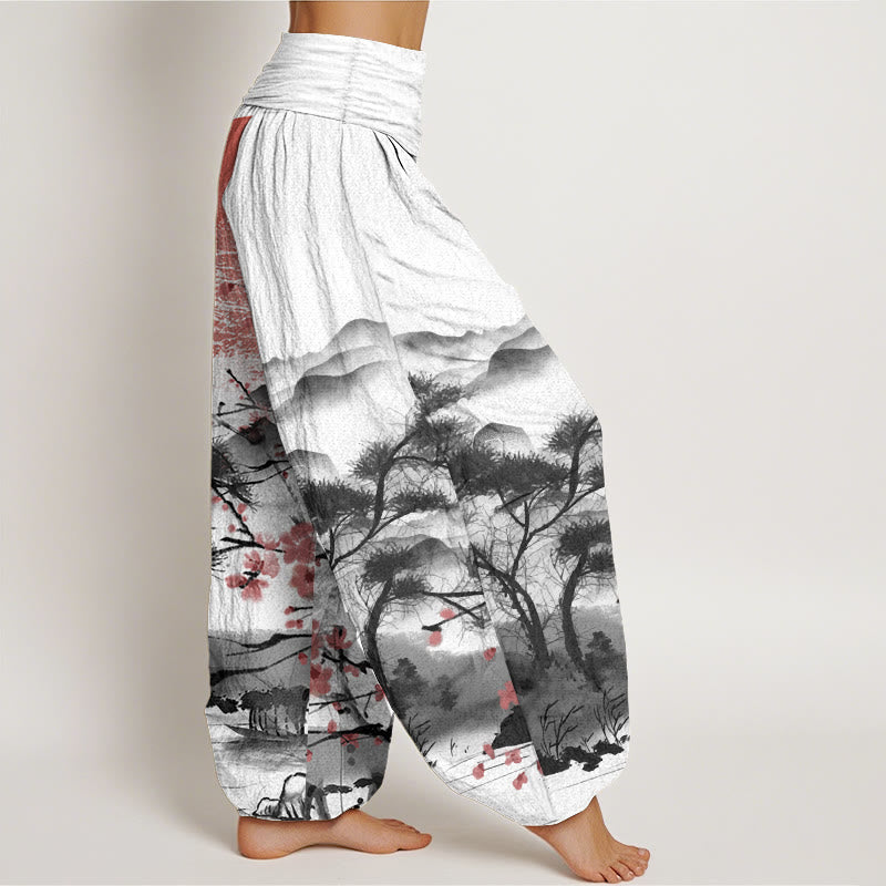 Buddha Stones Pure Cotton Casual Red Plum Blossom Mountains Sun Pattern Women's Elastic Waist Harem Pants