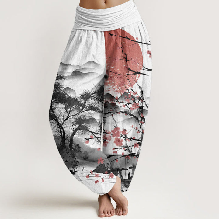Buddha Stones Pure Cotton Casual Red Plum Blossom Mountains Sun Pattern Women's Elastic Waist Harem Pants