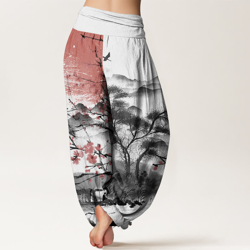 Buddha Stones Pure Cotton Casual Red Plum Blossom Mountains Sun Pattern Women's Elastic Waist Harem Pants