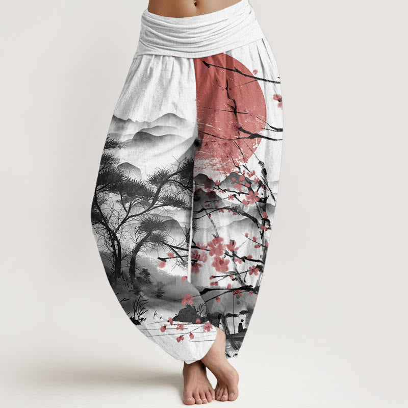 Buddha Stones Pure Cotton Casual Red Plum Blossom Mountains Sun Pattern Women's Elastic Waist Harem Pants - White - US22，UK/AU26，EU54 (6XL) - image 0