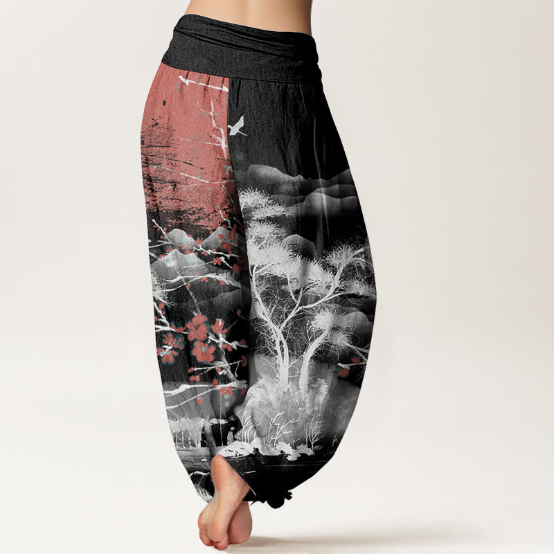 Buddha Stones Pure Cotton Casual Red Plum Blossom Mountains Sun Pattern Women's Elastic Waist Harem Pants