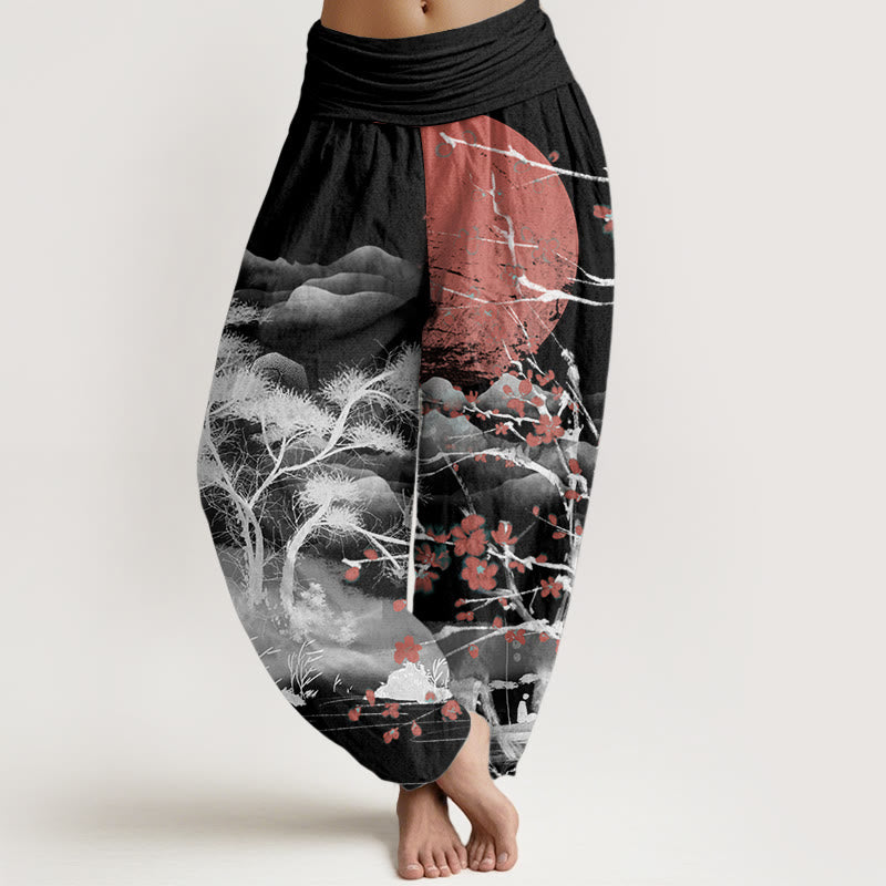 Buddha Stones Pure Cotton Casual Red Plum Blossom Mountains Sun Pattern Women's Elastic Waist Harem Pants