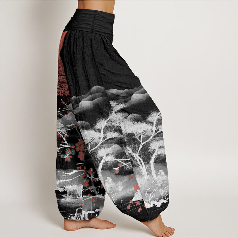 Buddha Stones Pure Cotton Casual Red Plum Blossom Mountains Sun Pattern Women's Elastic Waist Harem Pants