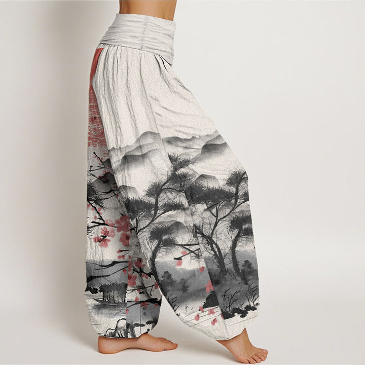Buddha Stones Pure Cotton Casual Red Plum Blossom Mountains Sun Pattern Women's Elastic Waist Harem Pants