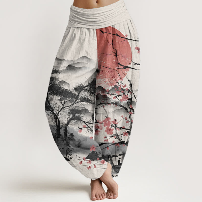 Buddha Stones Pure Cotton Casual Red Plum Blossom Mountains Sun Pattern Women's Elastic Waist Harem Pants