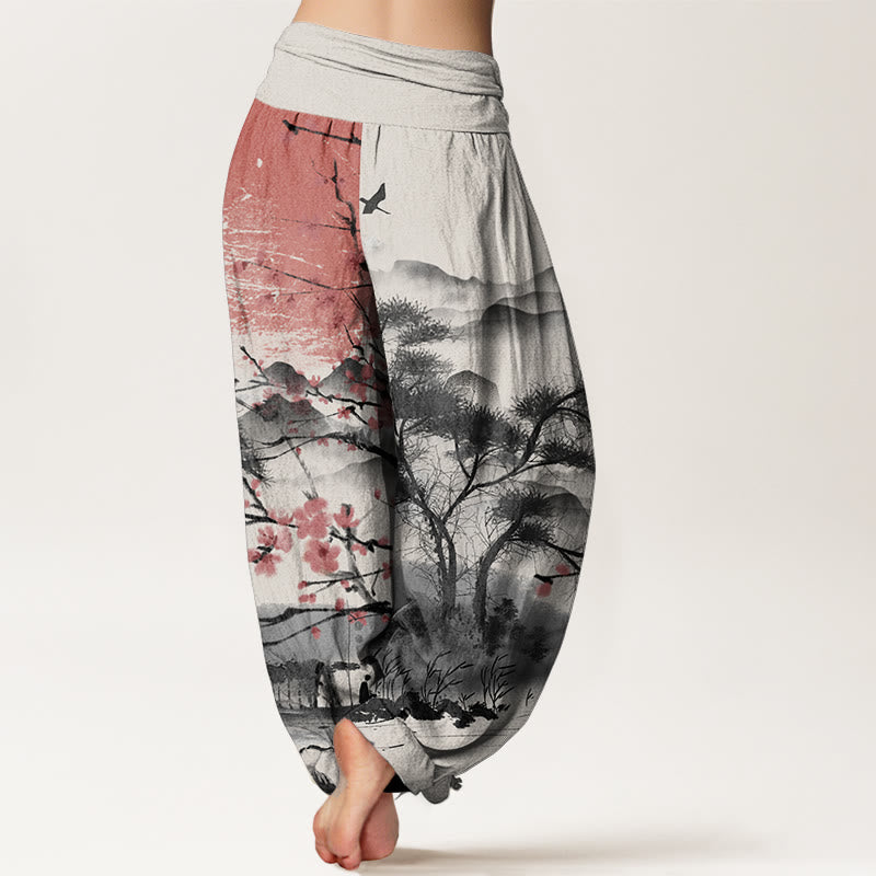 Buddha Stones Pure Cotton Casual Red Plum Blossom Mountains Sun Pattern Women's Elastic Waist Harem Pants