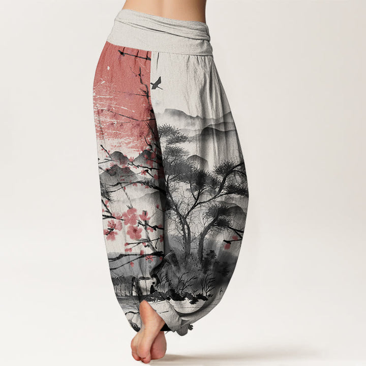 Buddha Stones Pure Cotton Casual Red Plum Blossom Mountains Sun Pattern Women's Elastic Waist Harem Pants
