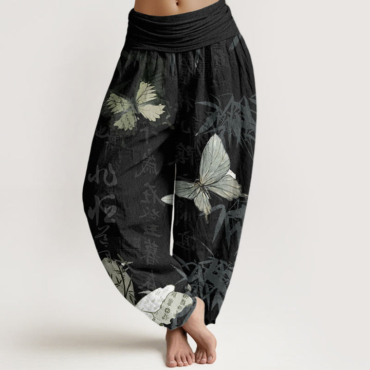 Buddha Stones Pure Cotton Butterfly Bamboo Leaves Chinese Characters Pattern Women's Elastic Waist Harem Pants
