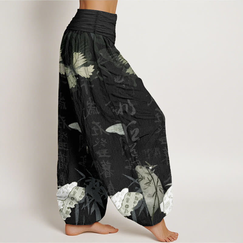 Buddha Stones Pure Cotton Butterfly Bamboo Leaves Chinese Characters Pattern Women's Elastic Waist Harem Pants