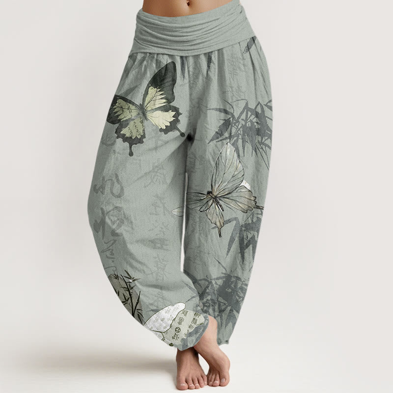 Buddha Stones Pure Cotton Butterfly Bamboo Leaves Chinese Characters Pattern Women's Elastic Waist Harem Pants