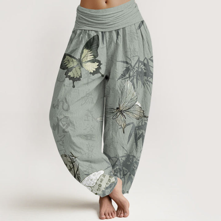 Buddha Stones Pure Cotton Butterfly Bamboo Leaves Chinese Characters Pattern Women's Elastic Waist Harem Pants