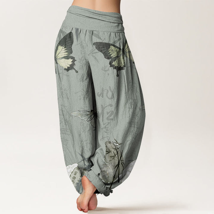 Buddha Stones Pure Cotton Butterfly Bamboo Leaves Chinese Characters Pattern Women's Elastic Waist Harem Pants