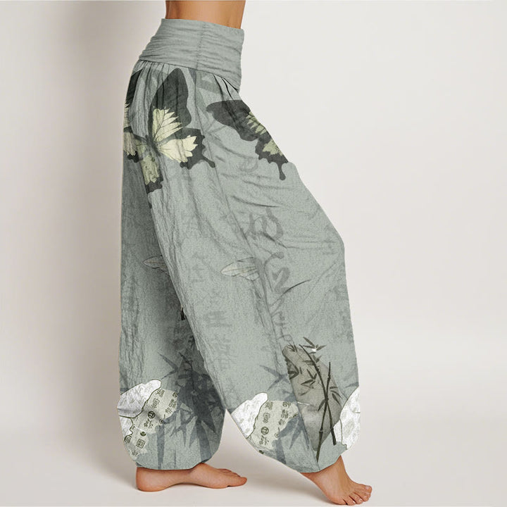 Buddha Stones Pure Cotton Butterfly Bamboo Leaves Chinese Characters Pattern Women's Elastic Waist Harem Pants