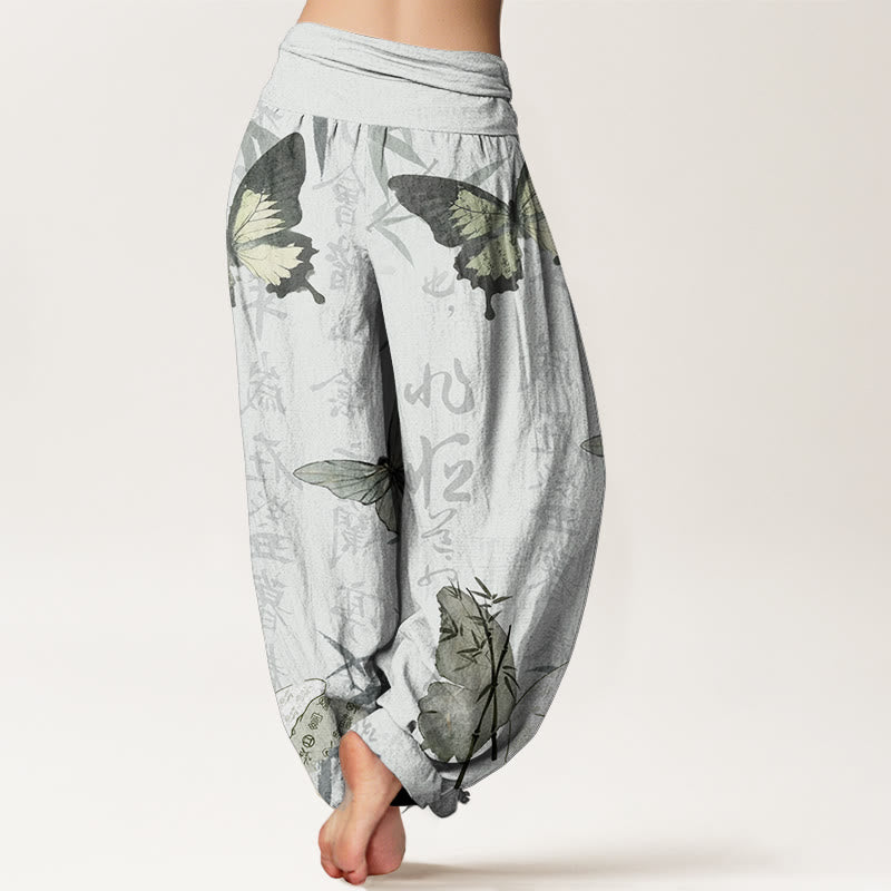 Buddha Stones Pure Cotton Butterfly Bamboo Leaves Chinese Characters Pattern Women's Elastic Waist Harem Pants