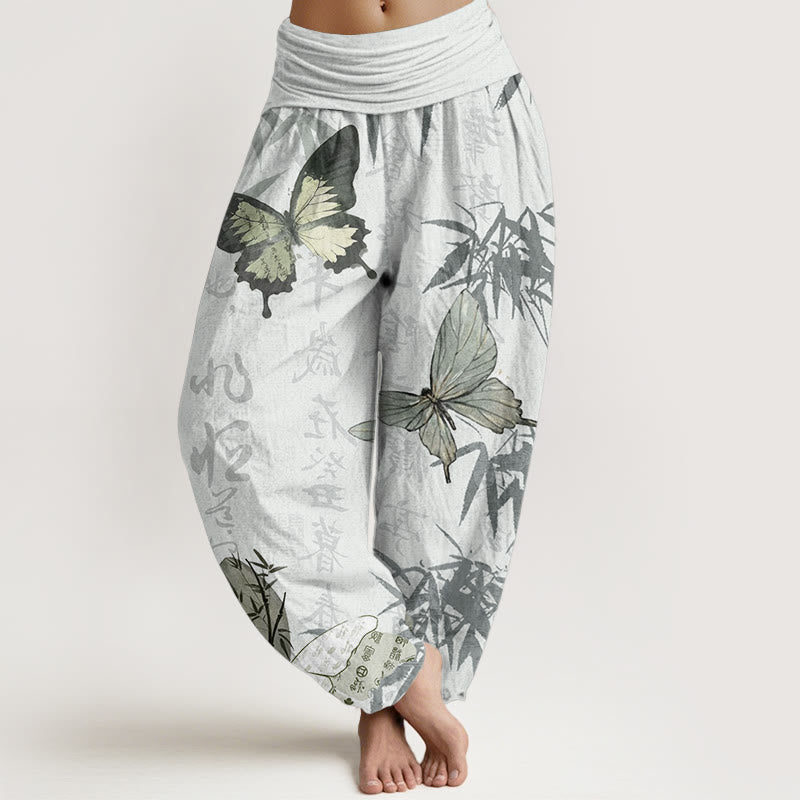 Buddha Stones Pure Cotton Butterfly Bamboo Leaves Chinese Characters Pattern Women's Elastic Waist Harem Pants